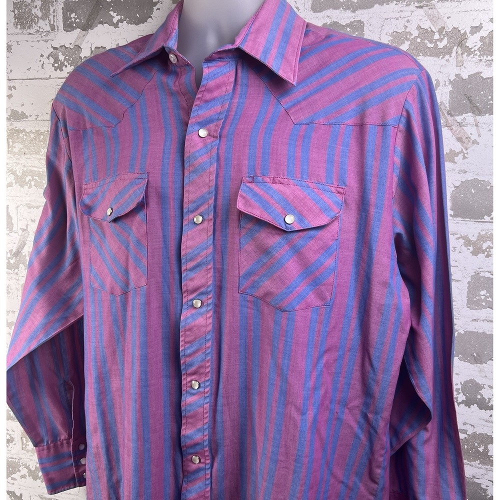 Vtg Wrangler Pearl Snap Shirt Men's L Blue Pink Stripe Lightweight Honkytonk